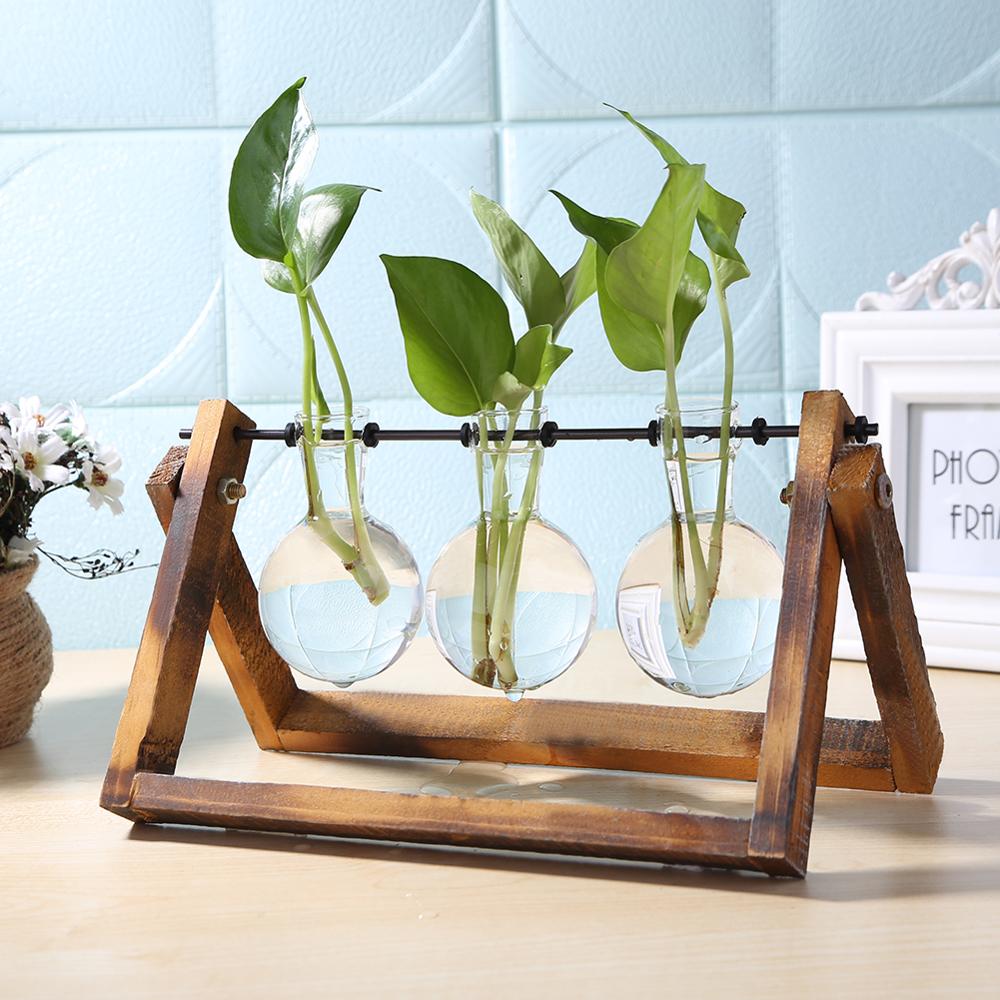 hanging tray planter Glass and Wood Vase Planter Terrarium Table Desktop Hydroponics Plant