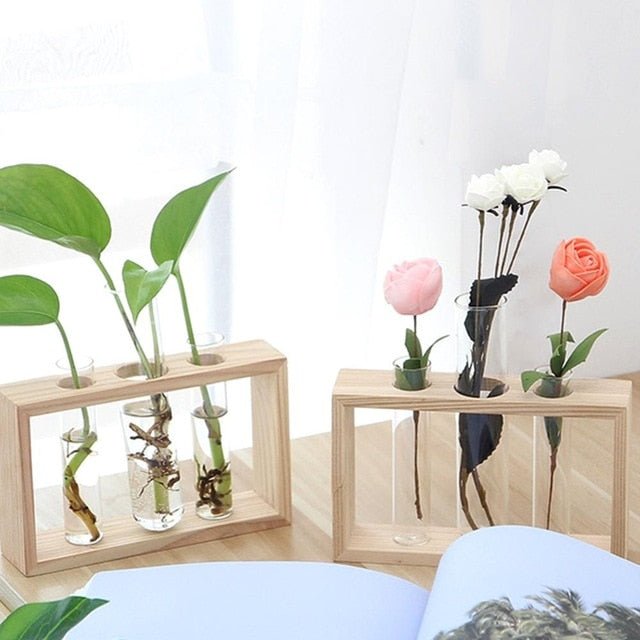 wooden terrarium plants Glass and Wood Vase Planter Terrarium Table Desktop Hydroponics Plant