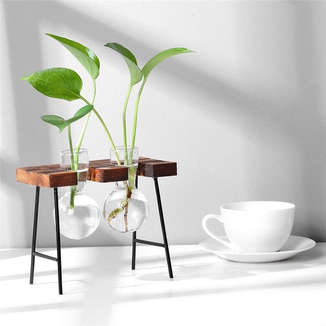 desktop plant pot Glass and Wood Vase Planter Terrarium Table Desktop Hydroponics Plant Bonsai Flower Pot Hanging Pots with Wooden Tray Home Decor