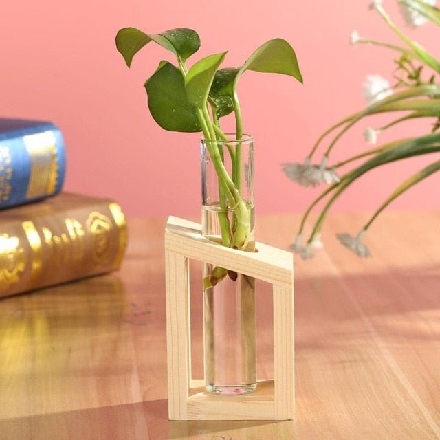 glass hydroponic plant vases Glass and Wood Vase Planter Terrarium Table Desktop Hydroponics Plant Bonsai Flower Pot Hanging Pots with Wooden Tray Home Decor